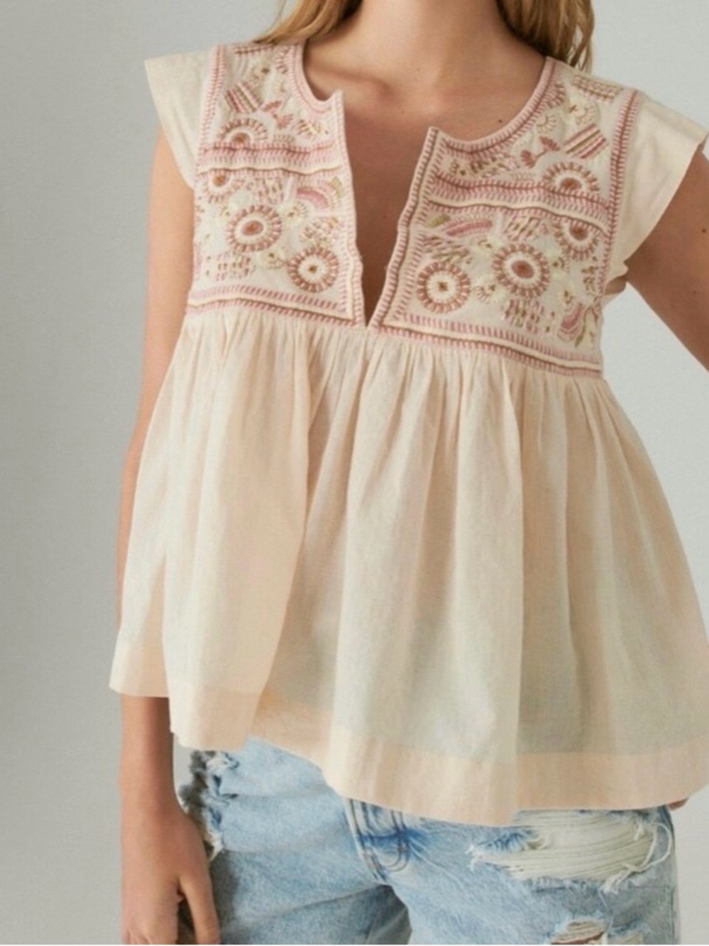 LUCKY Brand Sz Medium‎ Embroidered Bib Cotton Top Cap Sleeve Summer Breezy M